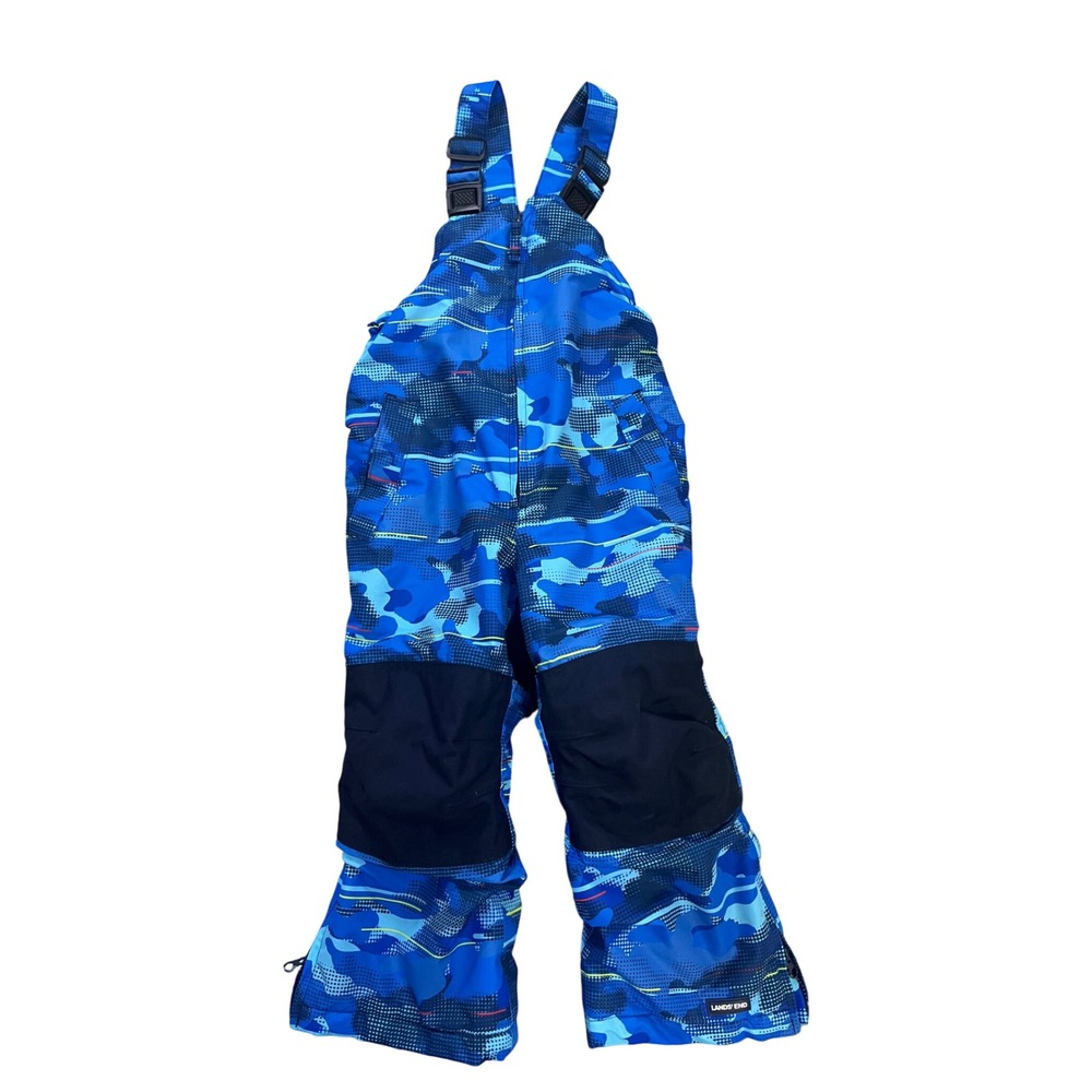 Lands End Kids Blue Camo Snow Bibs‎ Insulated Ski Pants Size 4 Reinforced Knees